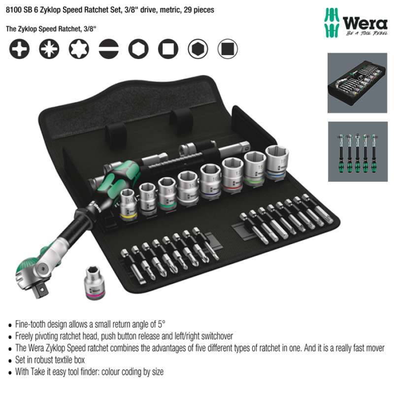Wera 8100 SB 6 Zyklop Speed Ratchet Set – 3/8” Drive, 29pc Metric, With Case, Lifetime Warranty