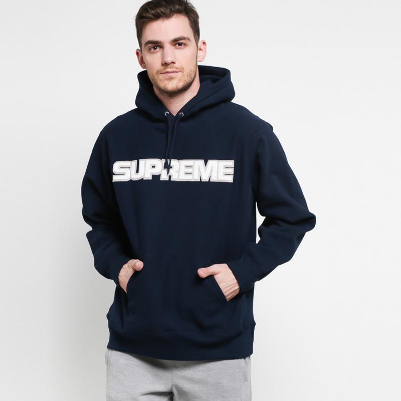 Jual Supreme Perforated Leather Jaket Hoodie Pria - S Navy di