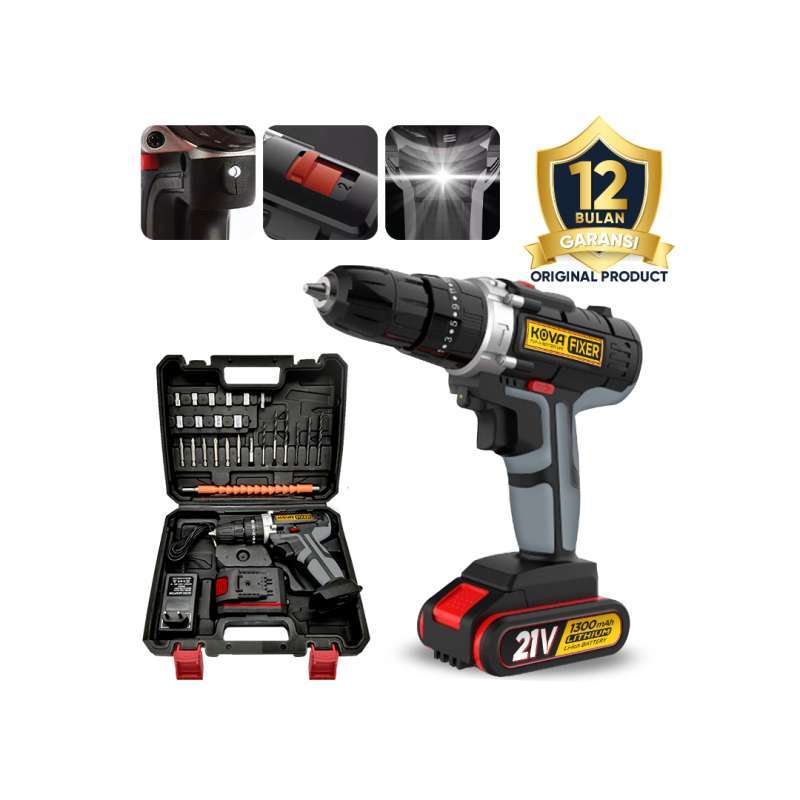 Kova Fixer Cordless Drill 10mm Set Mesin Bor Tangan Baterai Tembok 21V