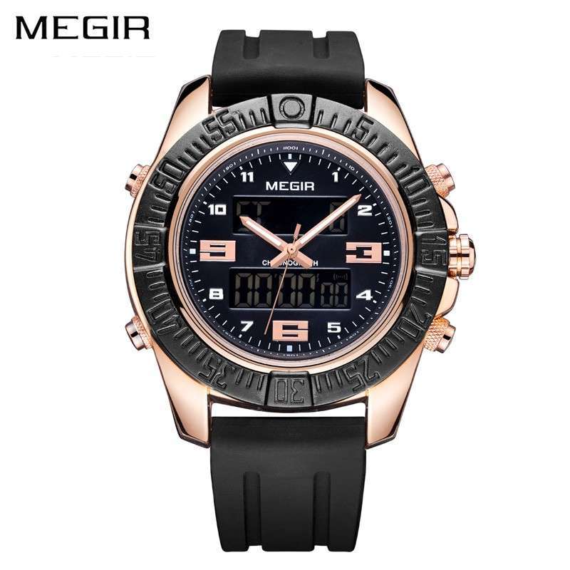 MEGIR 2038 Jam Tangan Pria Digital Analog Tali Rubber Luminous Anti Air Original
