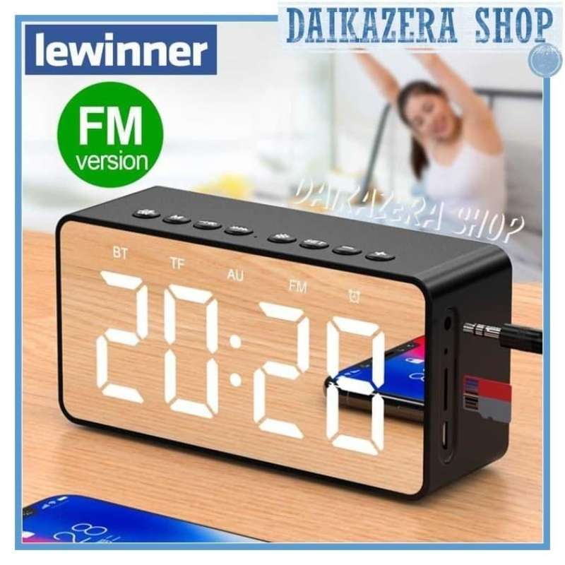Lewinner Bluetooth Speaker Jam Meja dengan Alarm dan Cermin, Radio FM, AUX, TF Card, dan Baterai Tahan Lama. Cocok untuk Penggunaan di Kamar Tidur