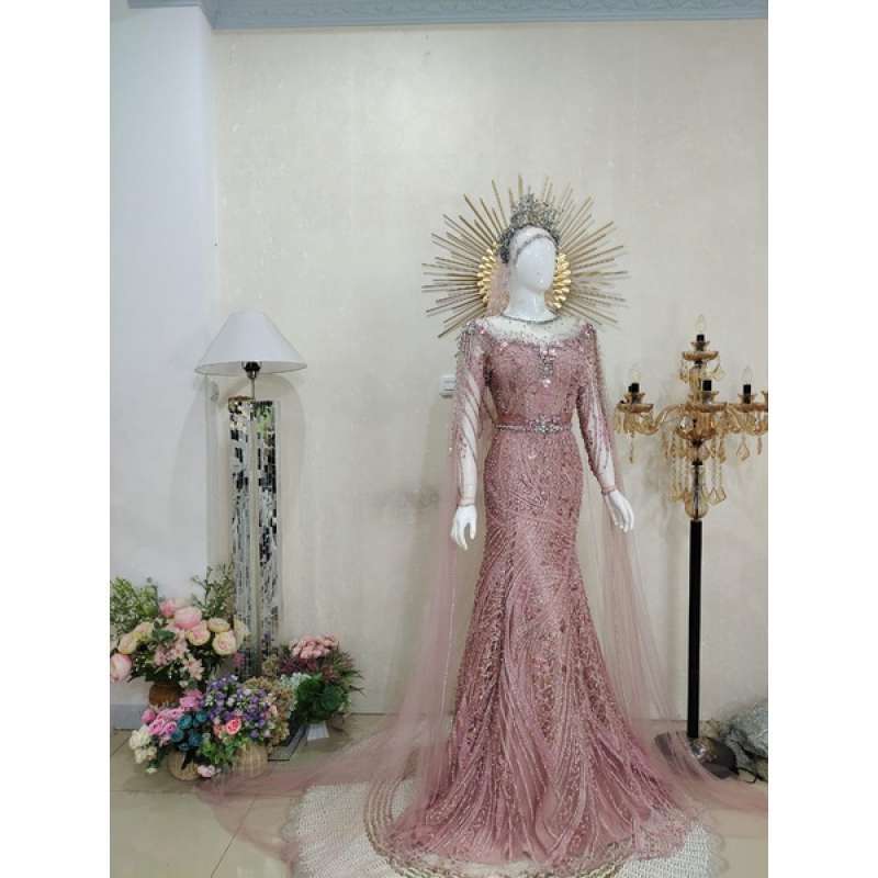 rose gold dress with hijab Rose gold sequins cape prom dress 2024,cape sleeves prom dresses for M Anna's Couture Dresses