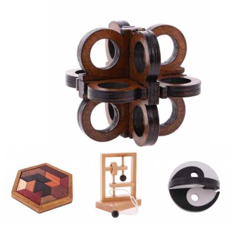 4 x Chinese Classic Intelligence Toy 3D Wooden Brain Teaser Puzzle for Kids 