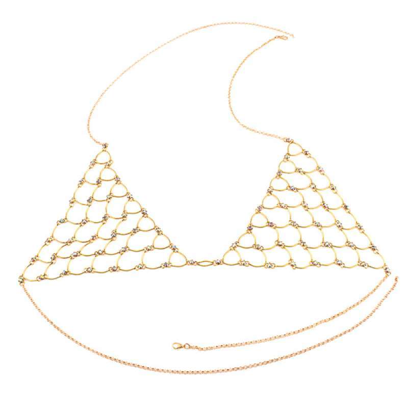 metal bra chain lingerie antique gold mesh halter bikini top fringe clubwear 