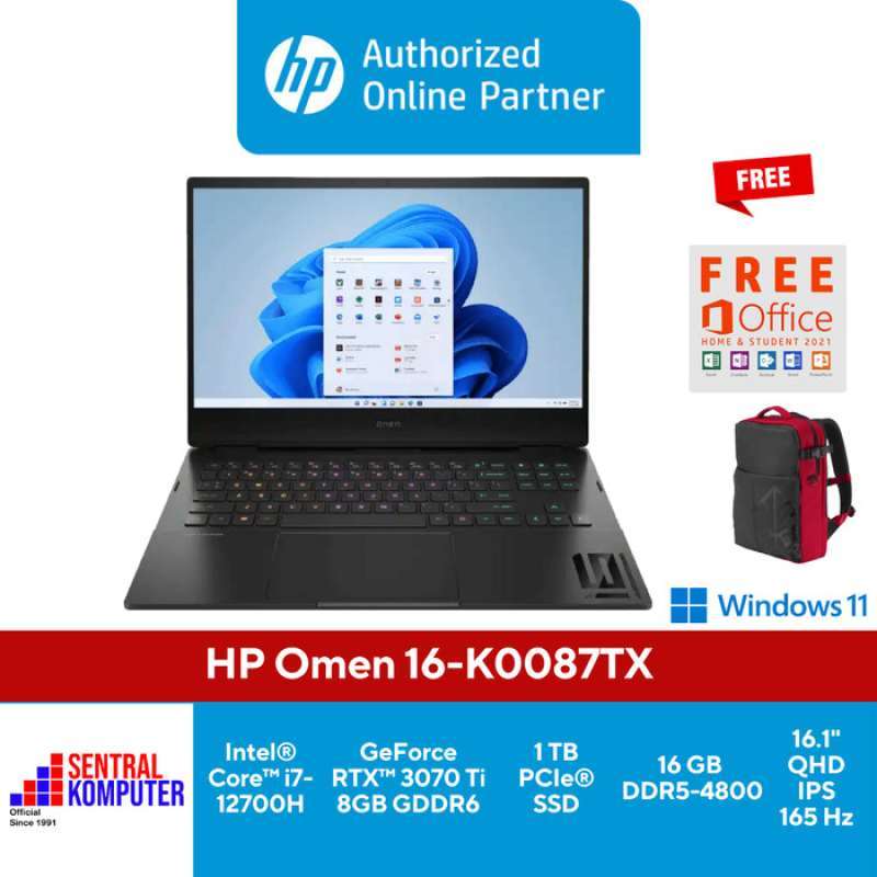 Omen by HP Laptop 16-K0087tx for Gamers, featuring Intel i7-12700H, RTX 3070 Ti, 16GB RAM, and 1TB SSD, with Free Backpack and Lifetime Office Home Student