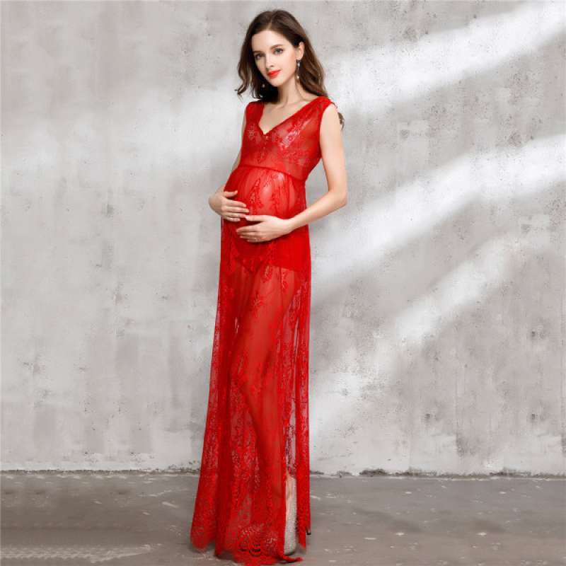 Jual Red Sheer Floral Lace Maxi Dress 