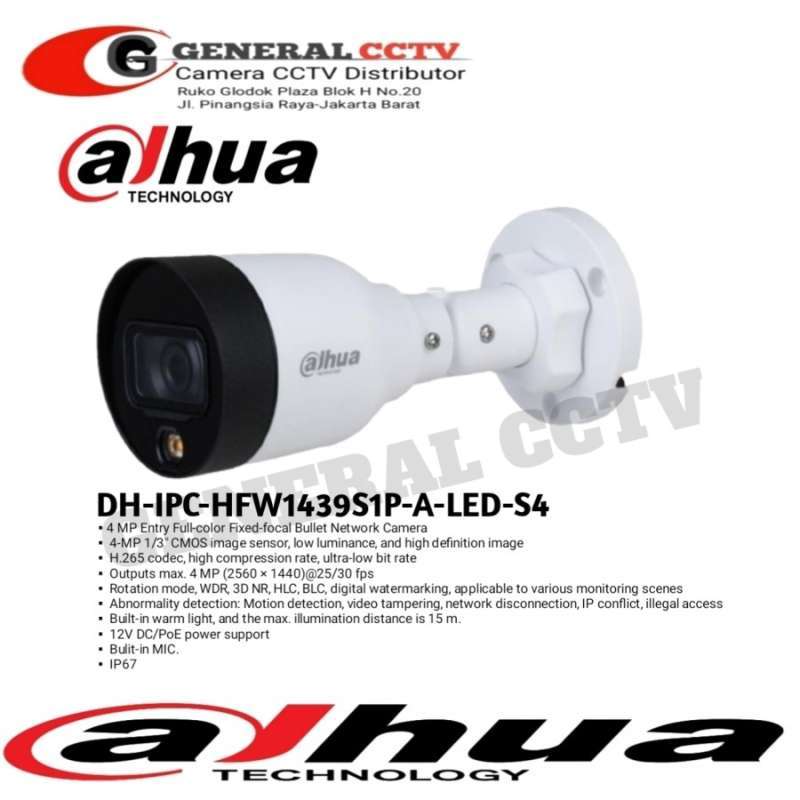 IP Camera Dahua Full Color 4MP Audio IPC HFW1439S1-A-LED-S4 Outdoor PoE