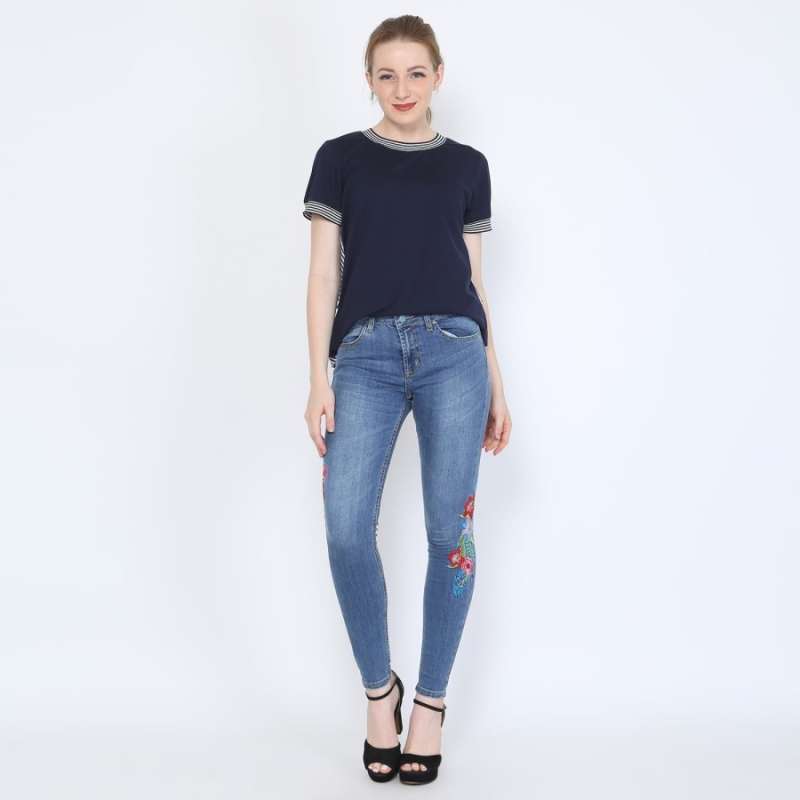 Mid Waist Celana Panjang Wanita Jeans 