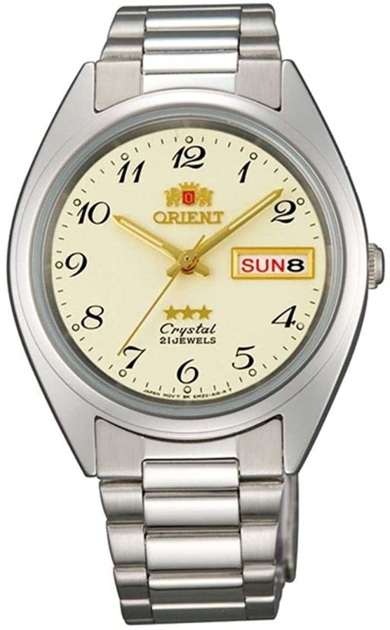 ORIENT 3 STAR 21CRYSTAL JEWELS AUTOMATIC DAY DATE MENS SILVER 100 ORI FAB00006W9