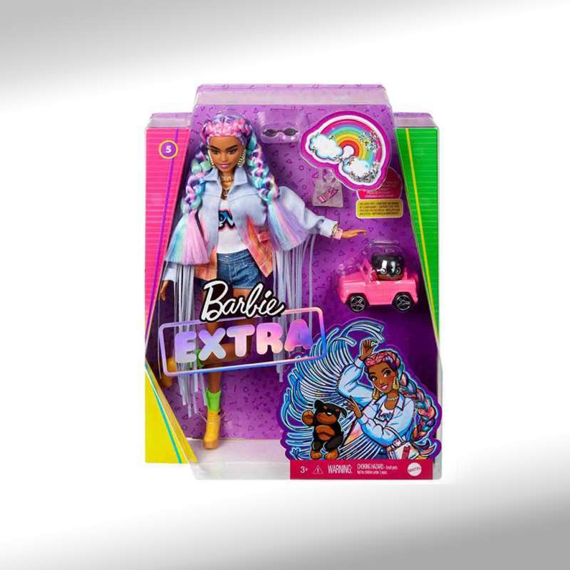Barbie extra doll in long fringe denim jacket deals with pet puppy