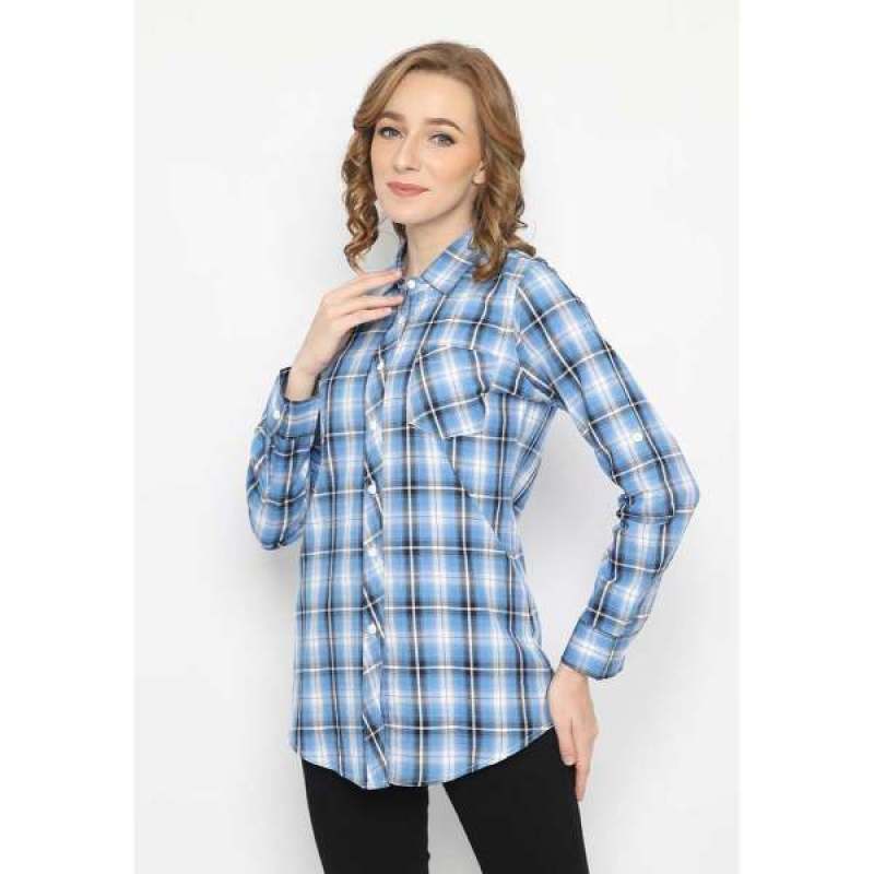 Mobile Power Ladies Basic Plaid Long Sleeve Shirt Blue F8334 - Main Image