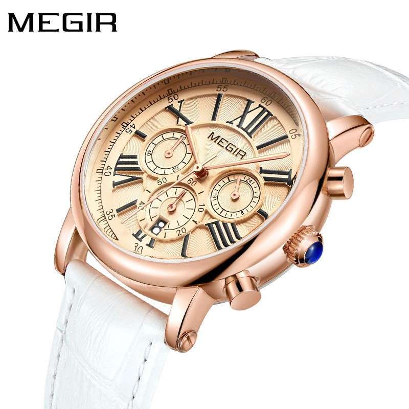 MEGIR 2058 Jam Tangan Wanita Analog Chronograph Tanggal Aktif Tali Kulit Anti Air Original