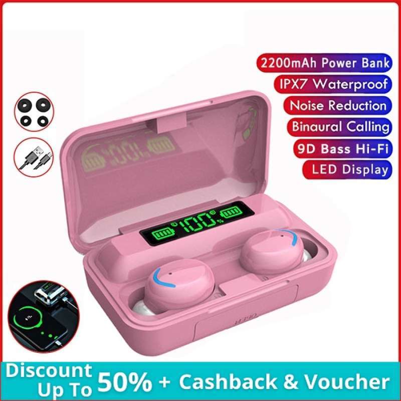 TWS F9-5 Earphone Headset Bluetooth 2200mah Powerbank with Mic 9D Bass  Stereo Water Proof Earbud Wireless