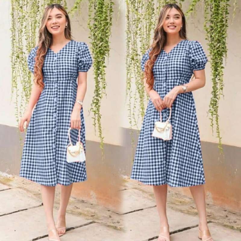 Jual Baju Dress Wanita Korea Casual Midi Dres V Kotak Tata
