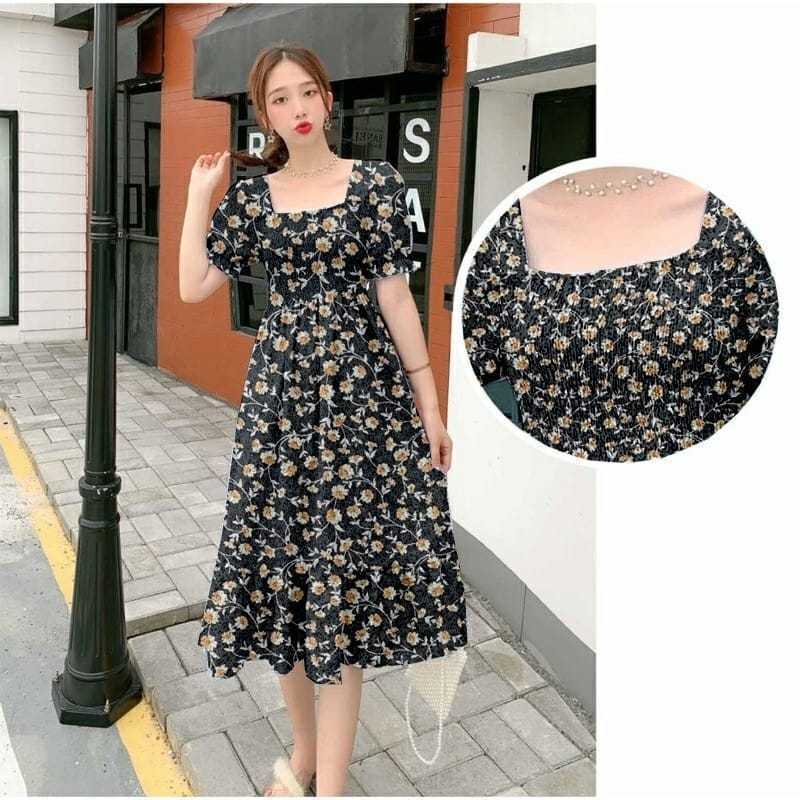 Jual Dress Smock Wanita Korea Modern Lengan Puff Kekinian Terbaru