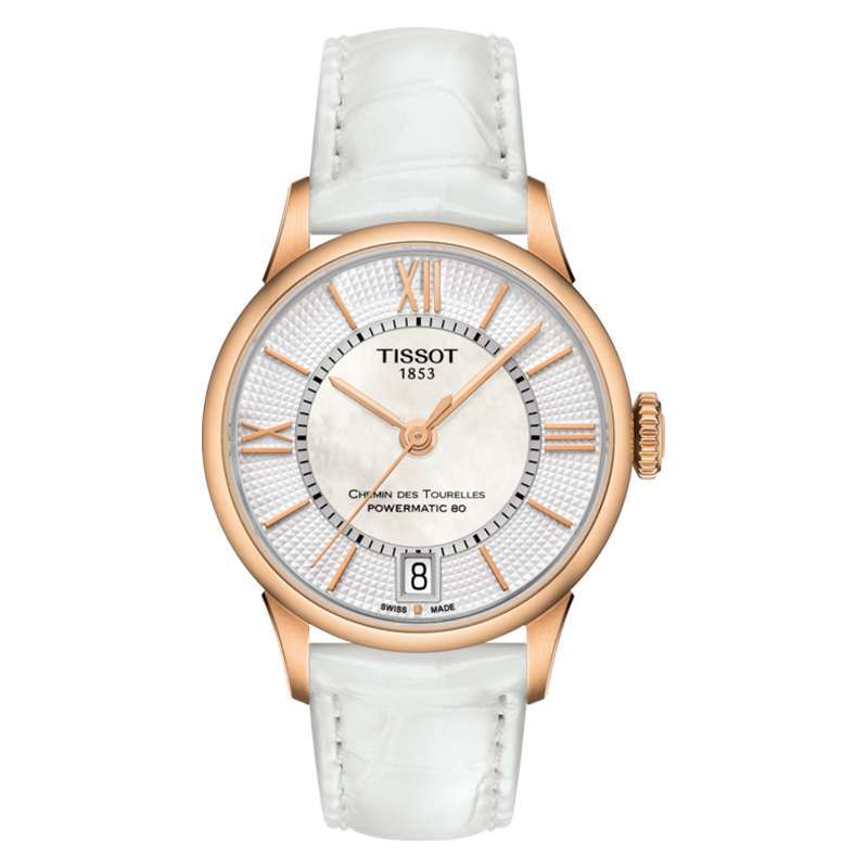 Jam Tangan Wanita Tissot T-Classic Chemin Des Tourelles  Powermatic 80 MOP Dial White Leather Strap