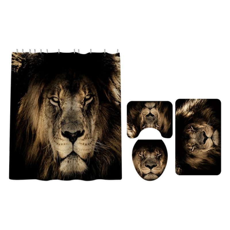 Jual 4 Pieces Lion Bathroom Shower Curtain Set With Bath Rug Toilet Lid Cover Online November 2020 Blibli Com