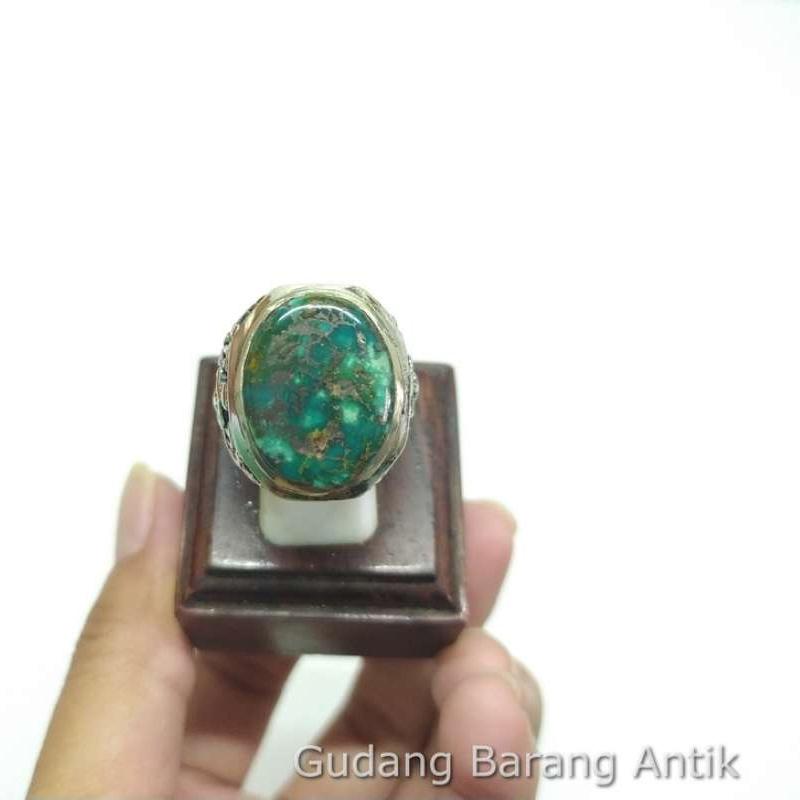 Cincin Permata Batu Akik Alami Pirus/Phirus Persia Hijau Urat Emas Multi  Colour Asli Natural