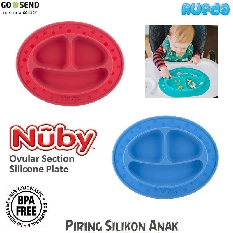 Jual Red Nuby Ovular Three Section Silicone Plate Piring Silikon