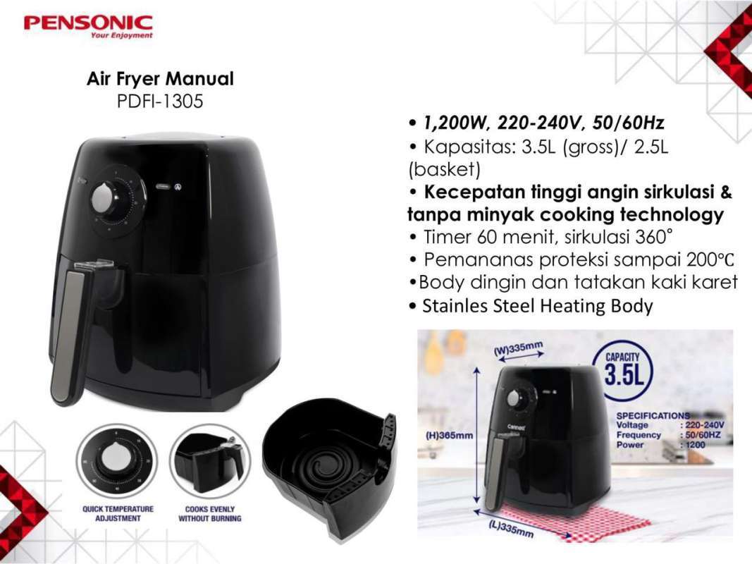 Promo Pensonic Air Fryer Low Watt PDFI 1305 Kapasitas 3.5 Liter