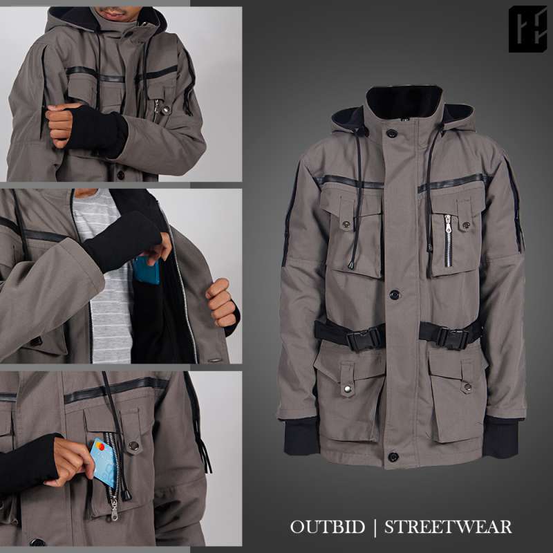 Jual JAKET PARKA HOODIE OUTBID GNDM DARK GREY KAOS PRIA BAJU