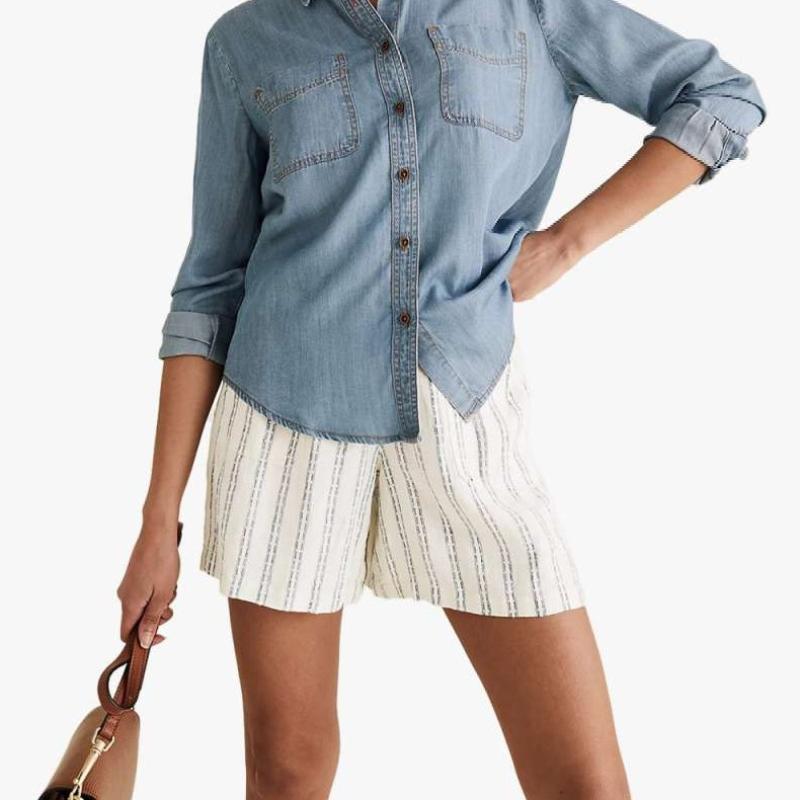 Pure Linen Striped High Waisted Shorts 