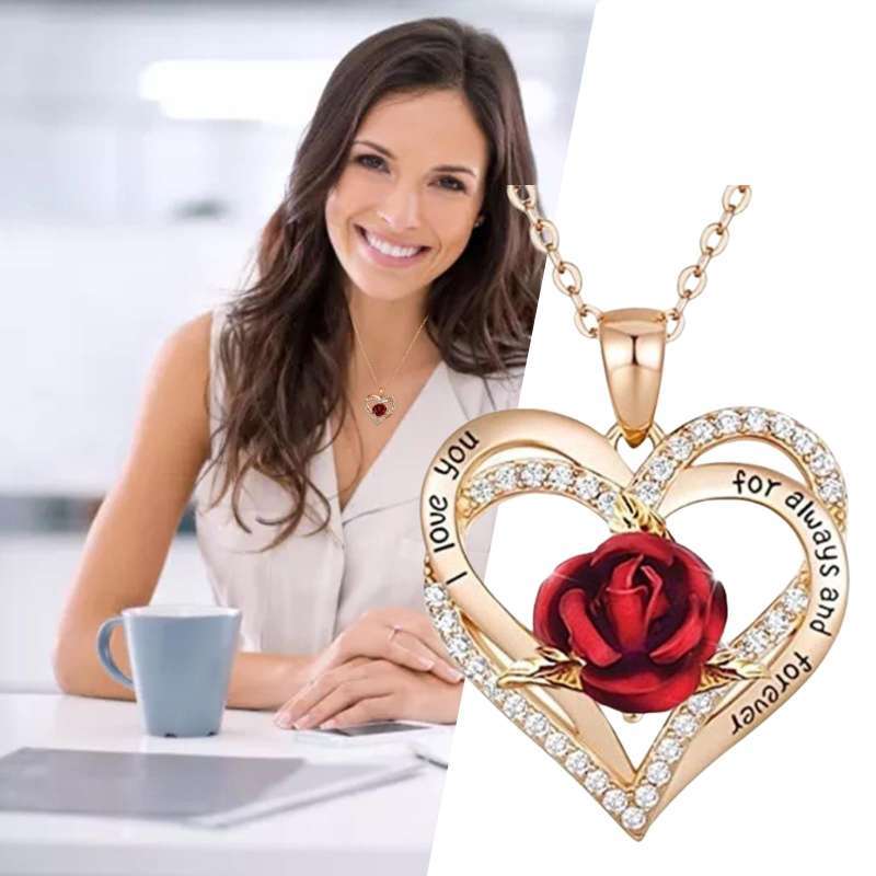 Promo Love Heart Rose Pendant Necklace 