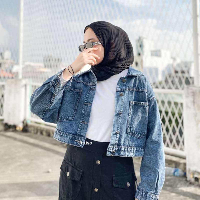 Promo Jaket Crop Jeans Oversize Pocket 