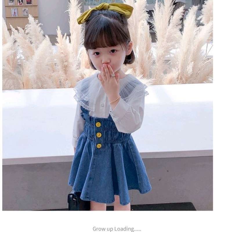 Promo Dr68 dress Anak Perempuan 2in1 Blouse Putih Rok Jeans