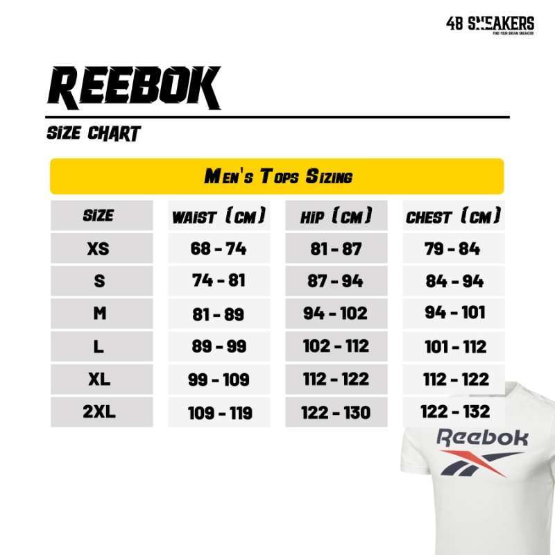Reebok t shirt size chart outlet