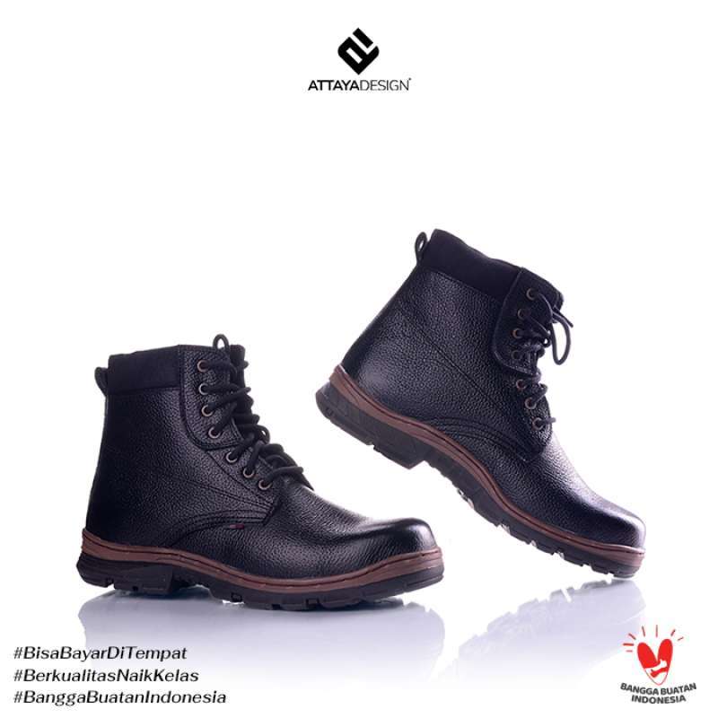 Attaya Design Sepatu Safety Boots Pria Dewasa Kulit Asli Original Keren Berkualitas Branded Terbaik Model Ujung Besi Tali Temali SBTST01