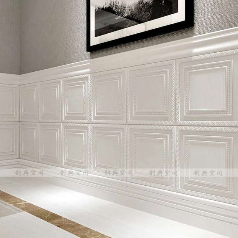 wallpaper foam premium permukaan timbul motif kotak panel putih