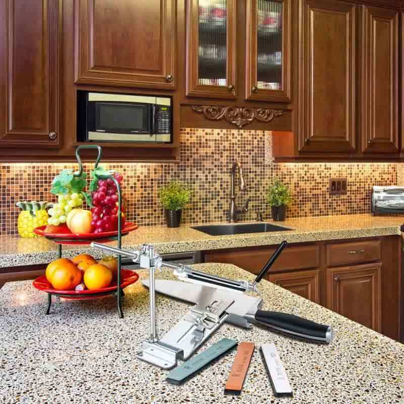 lans kitchen knife sharpener professional all iron steel sharpening kit fixed angle with 4 whetstones silver