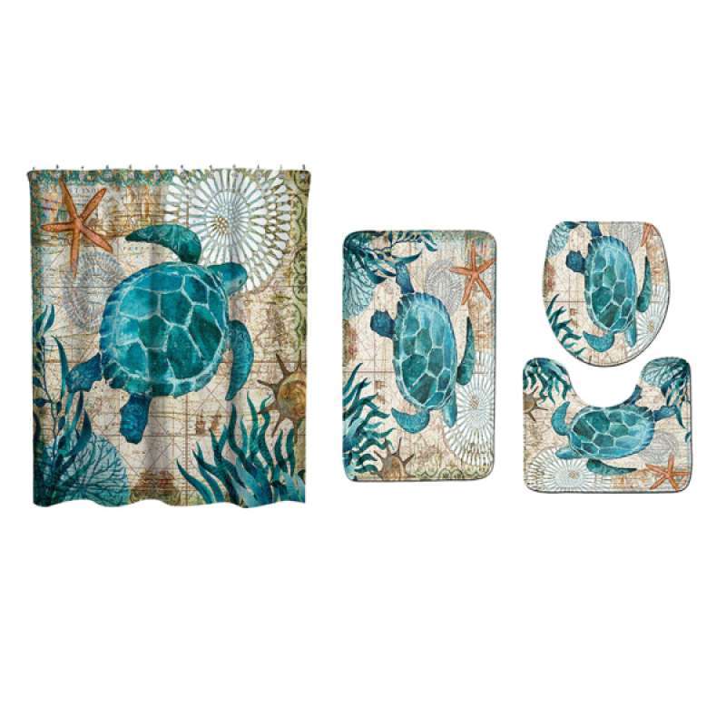 Jual 4 Pieces Sea Turtle Shower Curtain, 4 Piece Bathroom Rug Set With Shower Curtain