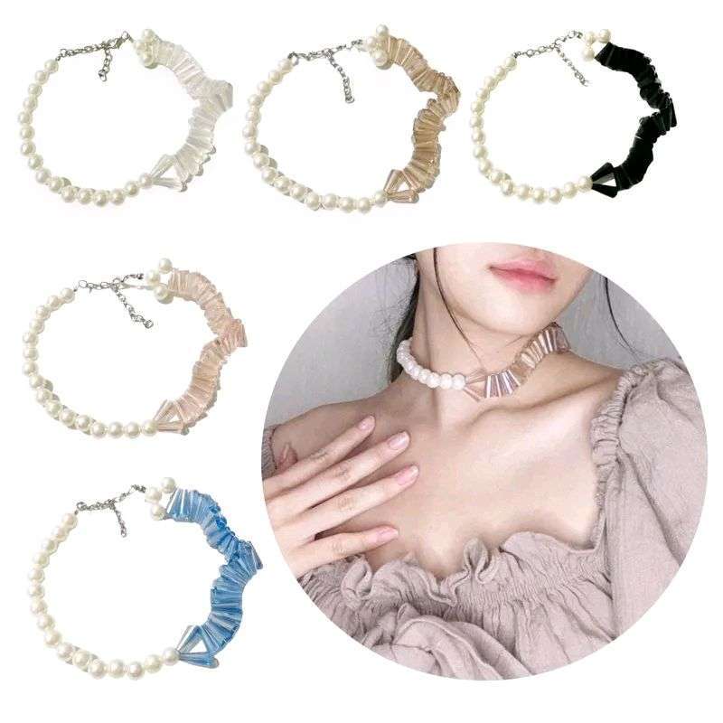 Dyvette Crystal Pearl Wave Choker Necklace Kalung Asymetric Choker Kristal  Mutiara Anyam Asimetri Kombinasi