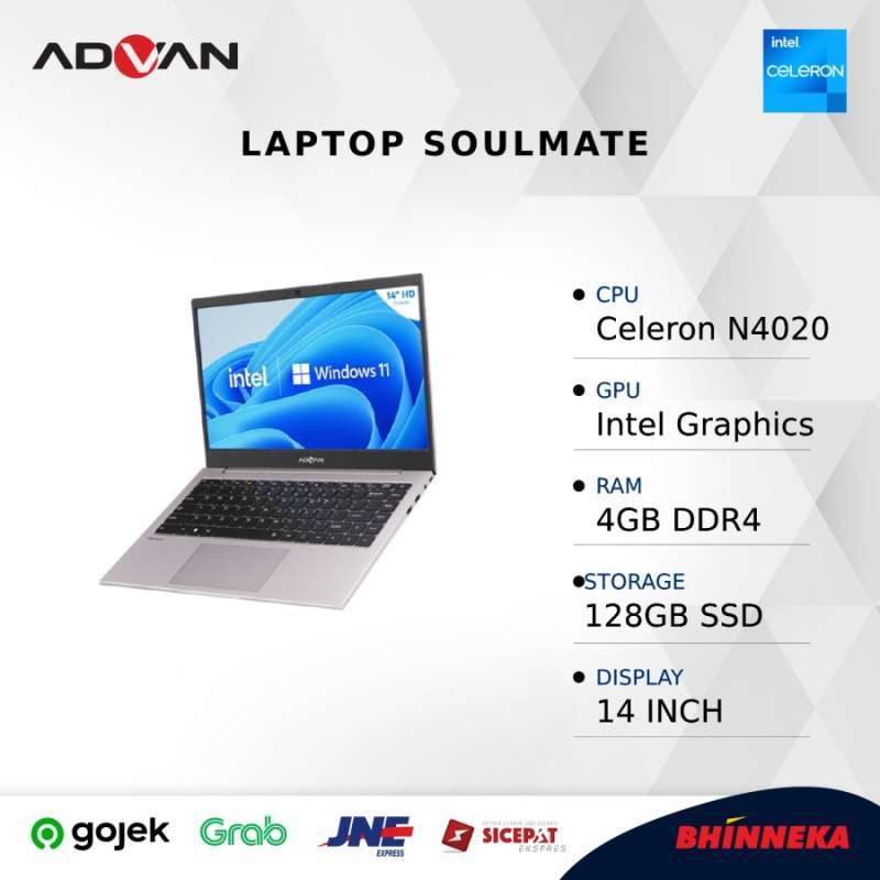 Advan Laptop Soulmate 14 Celeron N4020 4GB/128GB Win 11 Home - Grey