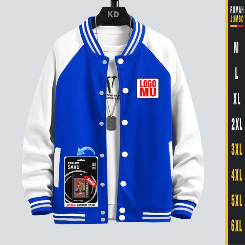 JAKET VARSITY PRIA BIRU KOMBINASI PUTIH M 6XL CUSTOM JAKET VARSITY KANCING OVERSIZE