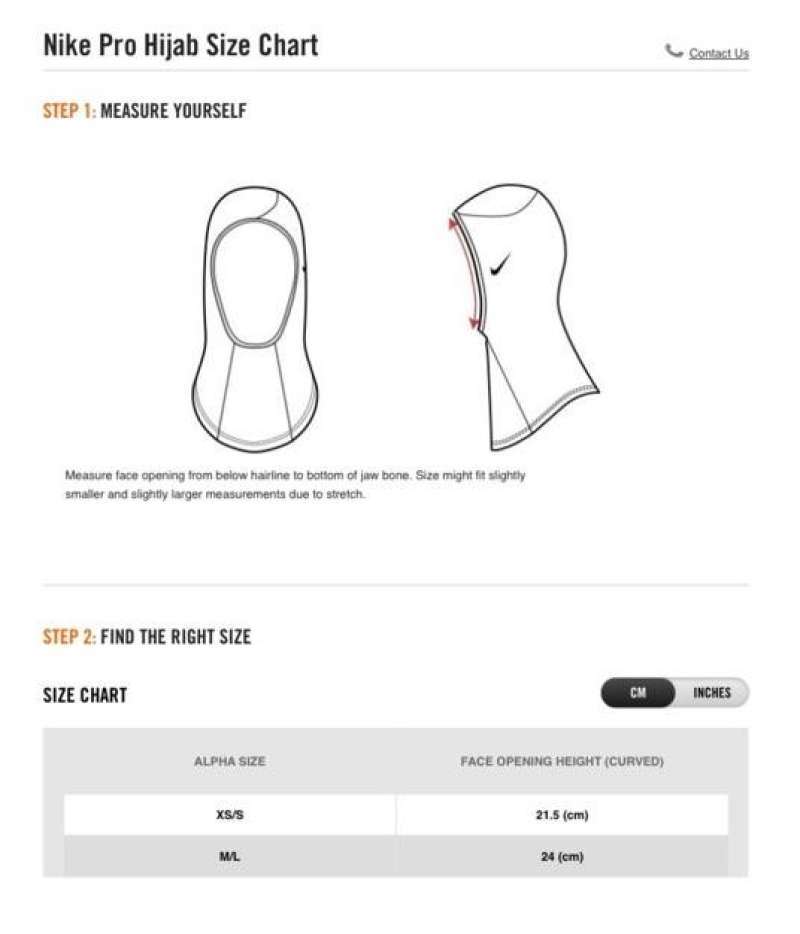 Nike hijab hot sale size chart