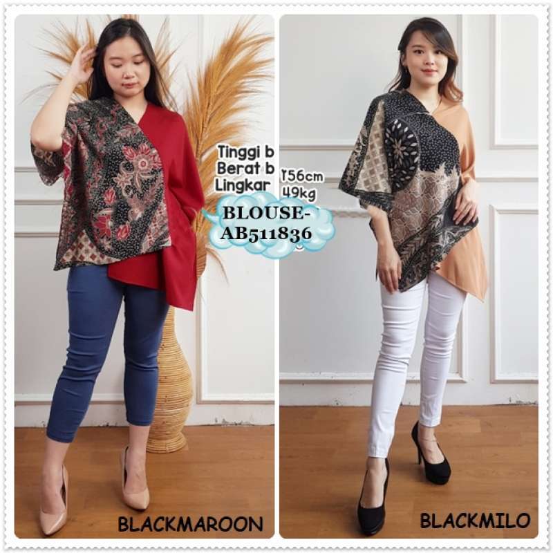 AB511836 Baju Atasan Jumbo Asimetris Blouse Pesta Kerja Etnik Batik Semi Formal Wanita Merah Maroon Natal Cream