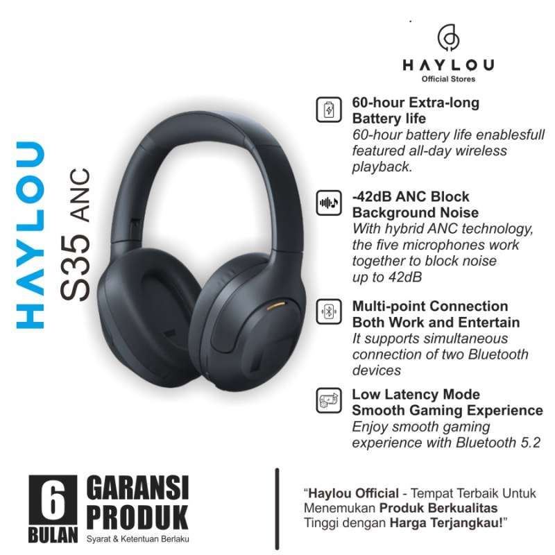 HAYLOU S35 ANC Wireless Bluetooth 5.2 Headphones 42dB Over-ear Noise  Cancellation Headsets 40mm Driver 60H Playtime Earphones