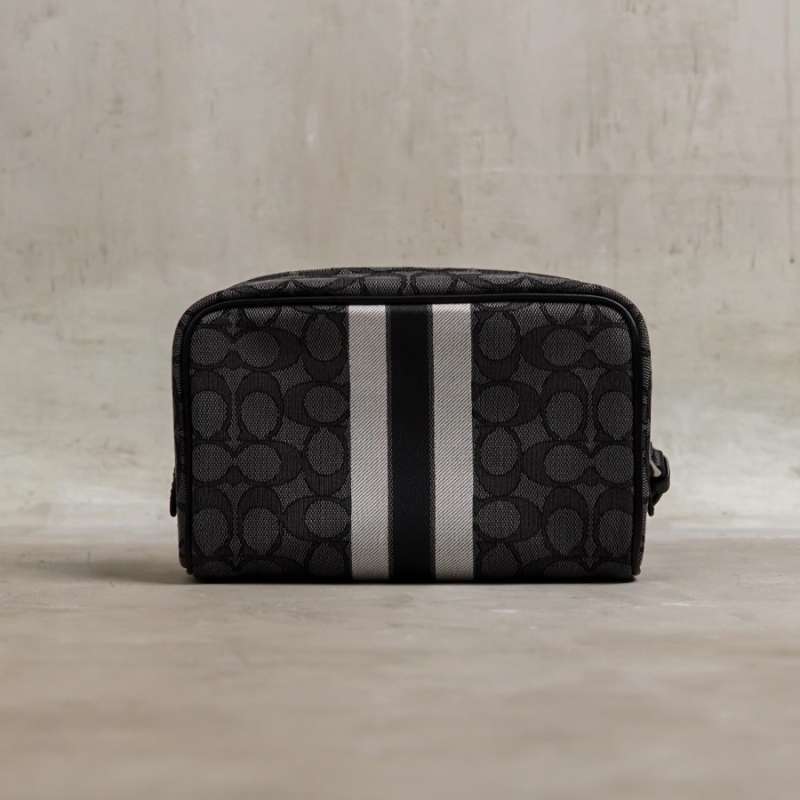 COACH Monogram Stripe White Black Pouch with Handle in Black