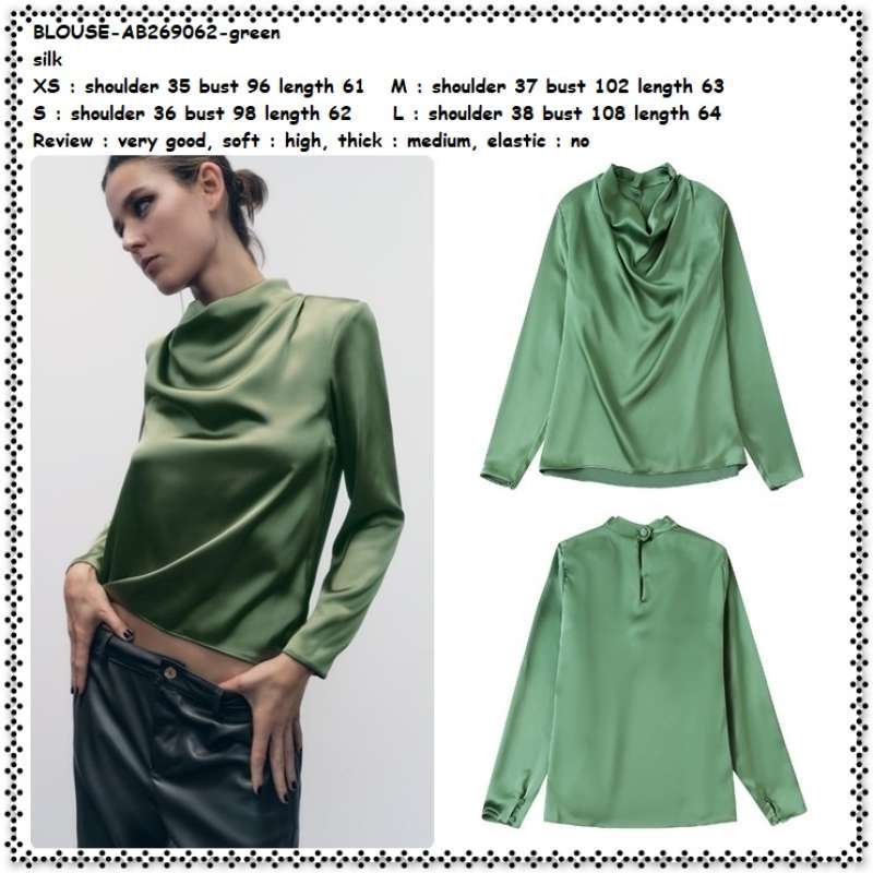 AB269062 Baju Atasan Silk Blouse Lengan Panjang Wanita Korea Hijau Green  Sutra Sutera