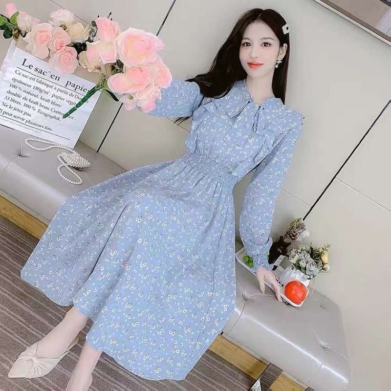 Promo Dress wanita FLORAL RETRO CHIFFON DRESS FD072 M Blue