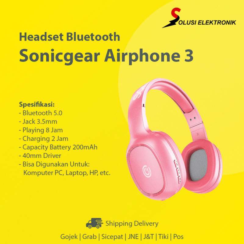 100 Produk Ori Sonicgear Airphone 3 Headset Bluetooth Headphone Hp Pc Laptop Pink