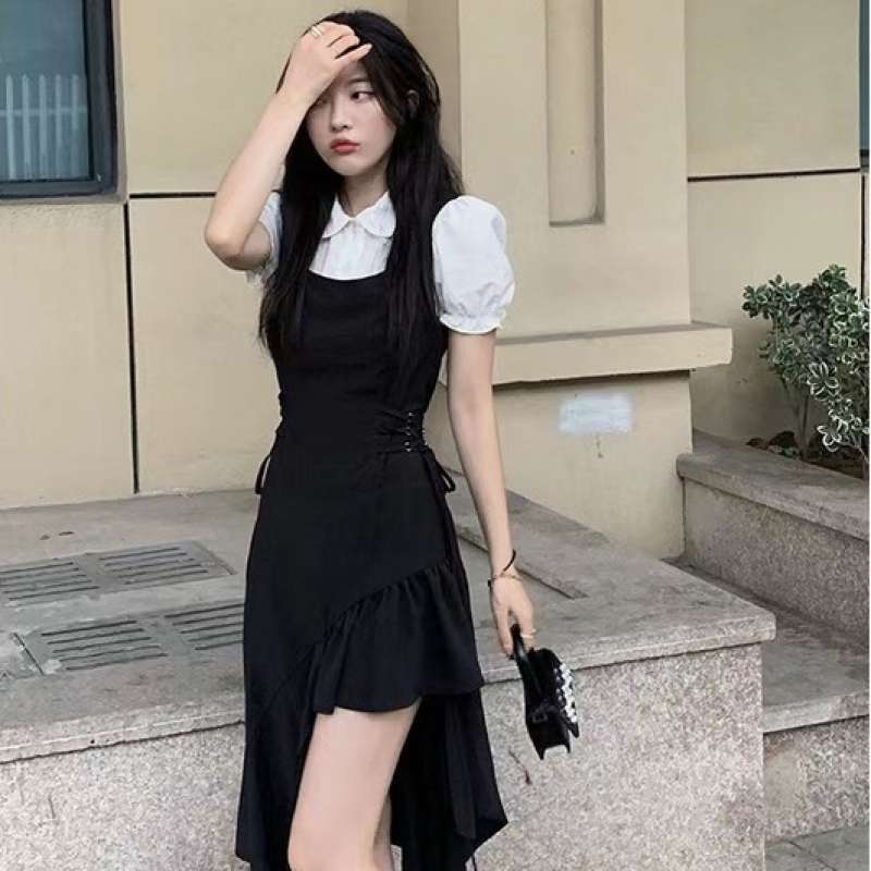 Jual Dress Korean dress Wanita retro Perancis Gaya Hepburn Hitam