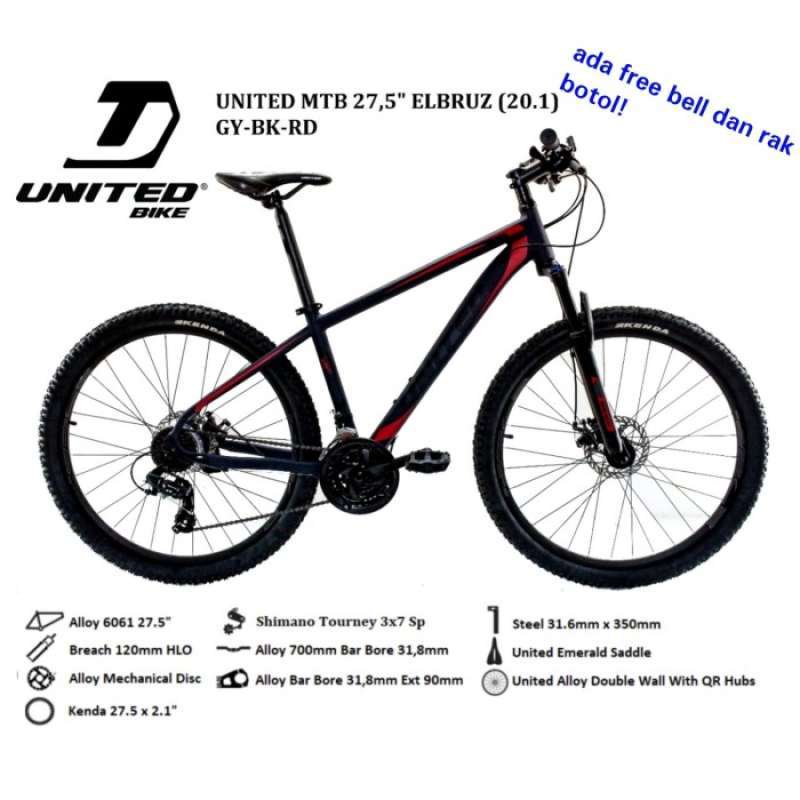 sepeda gunung mtb united elbruz 27.5 inch alloy 21 speed bonus banyak