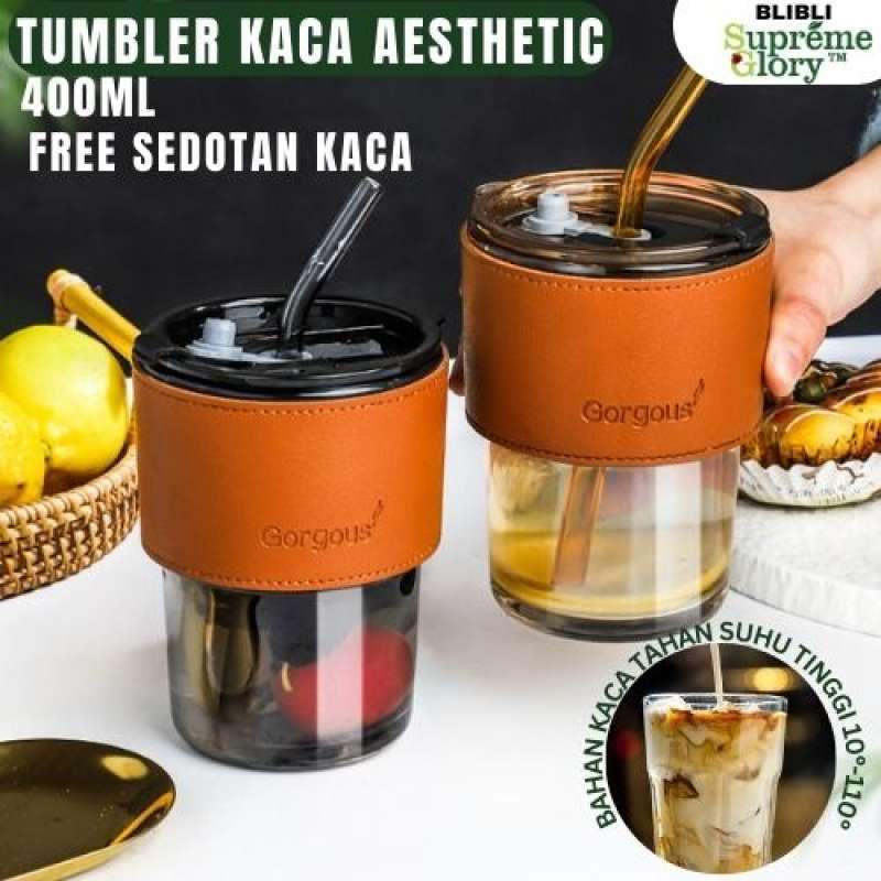 Jual Tumbler Kaca Gelas Minum Aesthetic Water Bottle Cup 400ML di