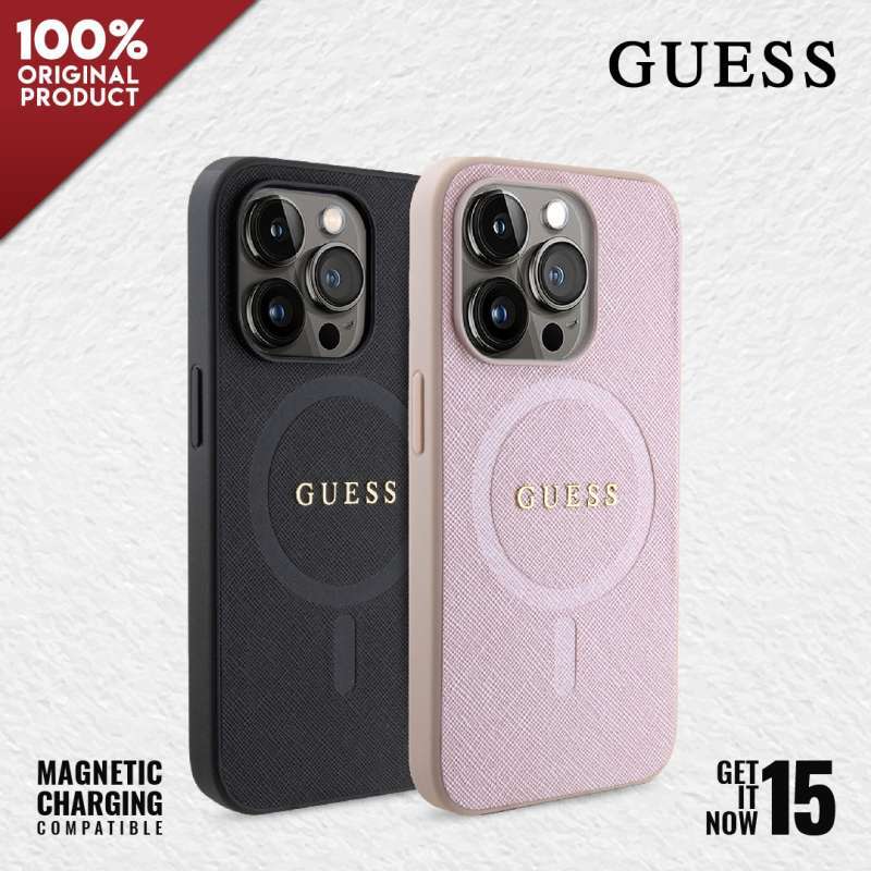 iPhone 15 Plus Guess Saffiano Hybrid Case - MagSafe Compatible - Beige