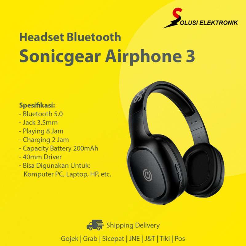 100 Produk Ori Sonicgear Airphone 3 Headset Bluetooth Headphone Hp Pc Laptop Black