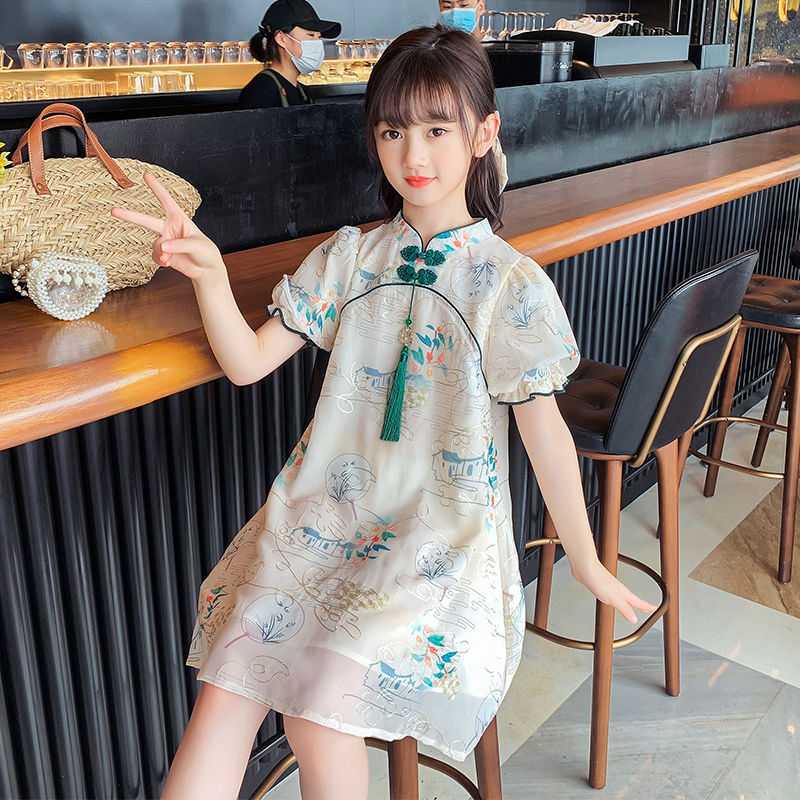Dress Cheongsam Anak Gaun Shanghai Lengan Puff Green Line